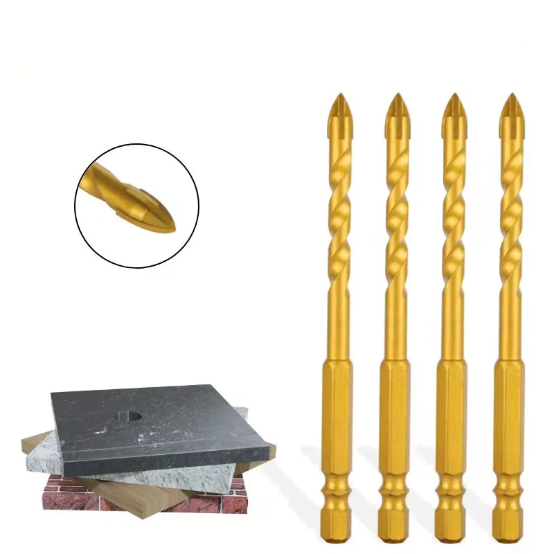 Titanium Coated Hex Shank Cross Carbide Tip Glass Drill Bit Twist Flutes for Glass Ceramic Porcelain Tile Drilling