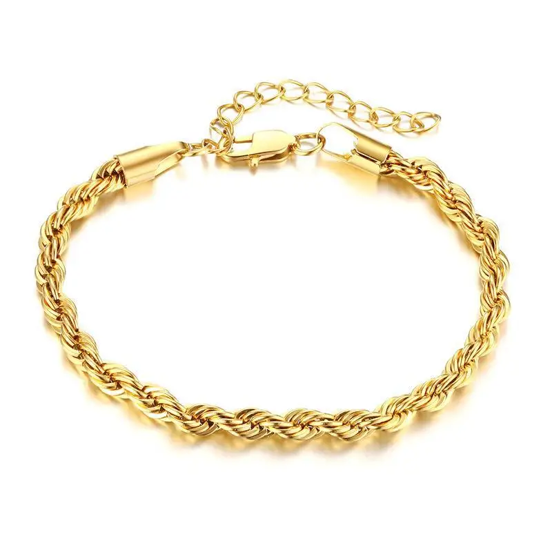 Wholesale Custom PVD 18K Gold Plated Stainless Steel Fine Jewelry 5MM Thick Woven Twisted Rope Chain Bracelet Women