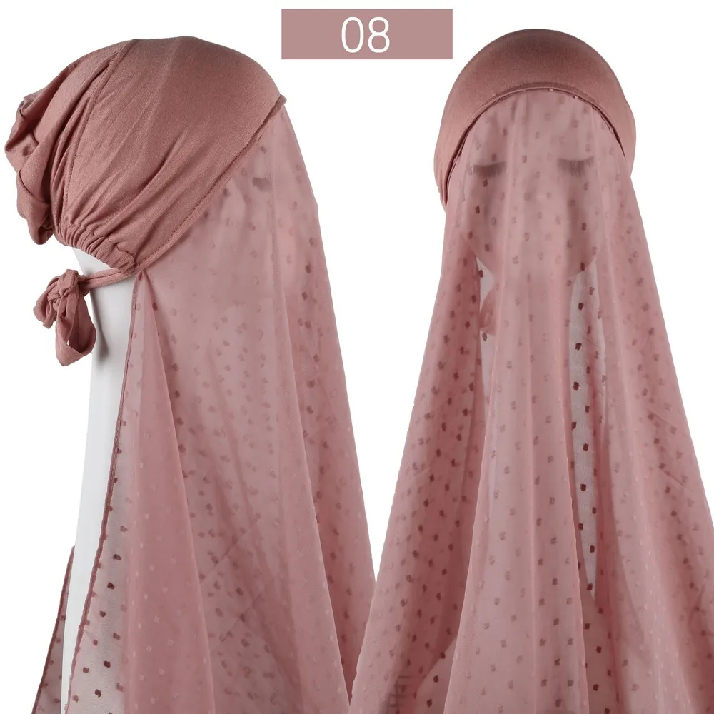 Muslim Women Pom Pom Chiffon Instant Hijab Scarf With Cap Pinless HIjabs Scarves Shawl with Under Caps Bonnet Headscarf