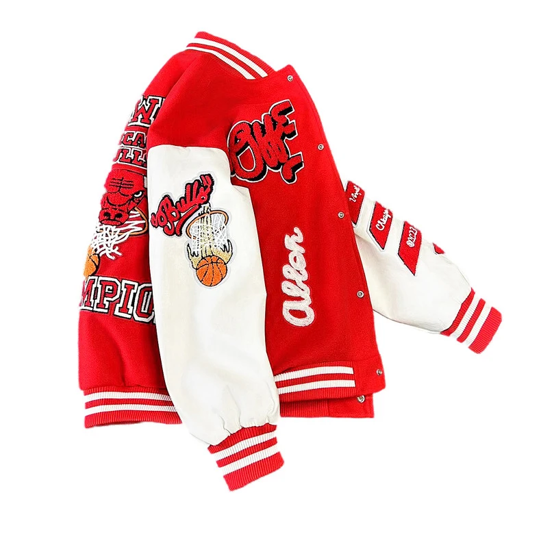 Casual Winter Wear and Rib Thick Woolen Letterman Stand Collar Varsity Jackets with Leather Sleeves