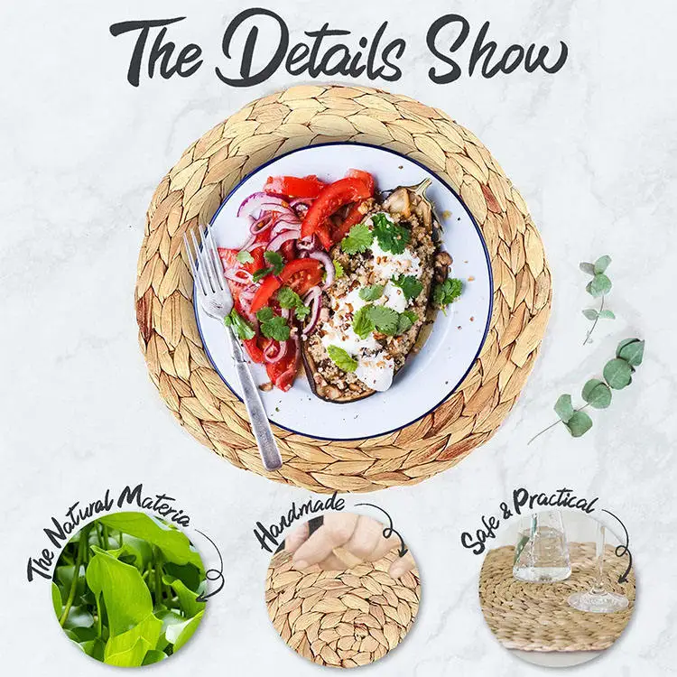 Luxury Gold Natural Eco-Friendly Seagrass Water Hyacinth Rattan Boho Round Woven Wedding Placemats for Decoration Tables