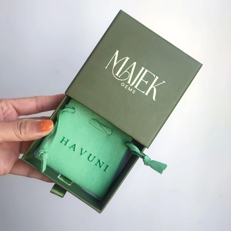 Custom Logo Variant Green Jewellery Packaging Cardboard Drawer Box Ring Narring Necklace Sliding Container BIJOUX with Pouch