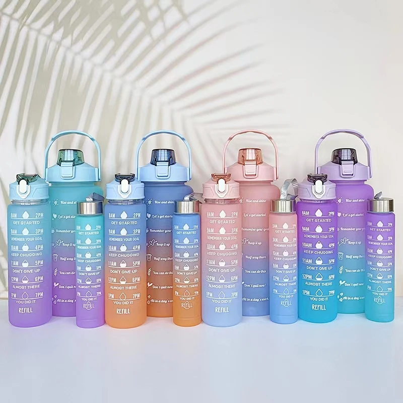 3-Piece Set Time Marker Bpa Free Portable Bottle Motivational Drinks Drinking Gradient Water Bottles Set with Straw