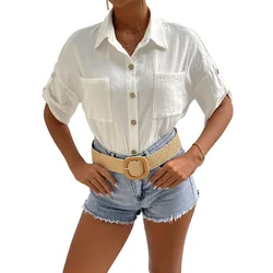Latest arrivals 2022 summer ladies white blouse female solid short sleeve loose elegant shirt women casual blouses