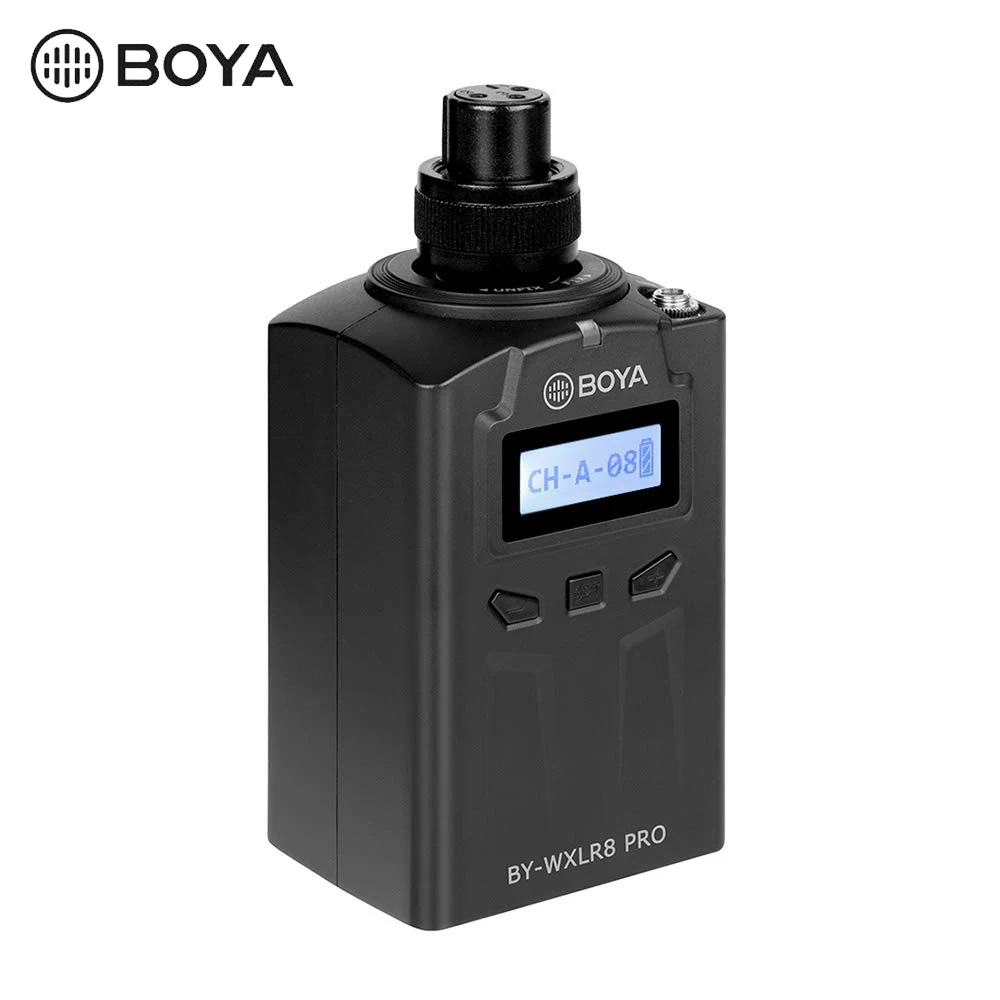 BOYA BY-WXLR8 Pro 48-канальный комплект микрофона включает в себя: передатчик подключаемого модуля на ЖК-дисплее XLR Сделано Китае 3 5 мм линейный вход с BY-WM8 /BY-WM6 приемник