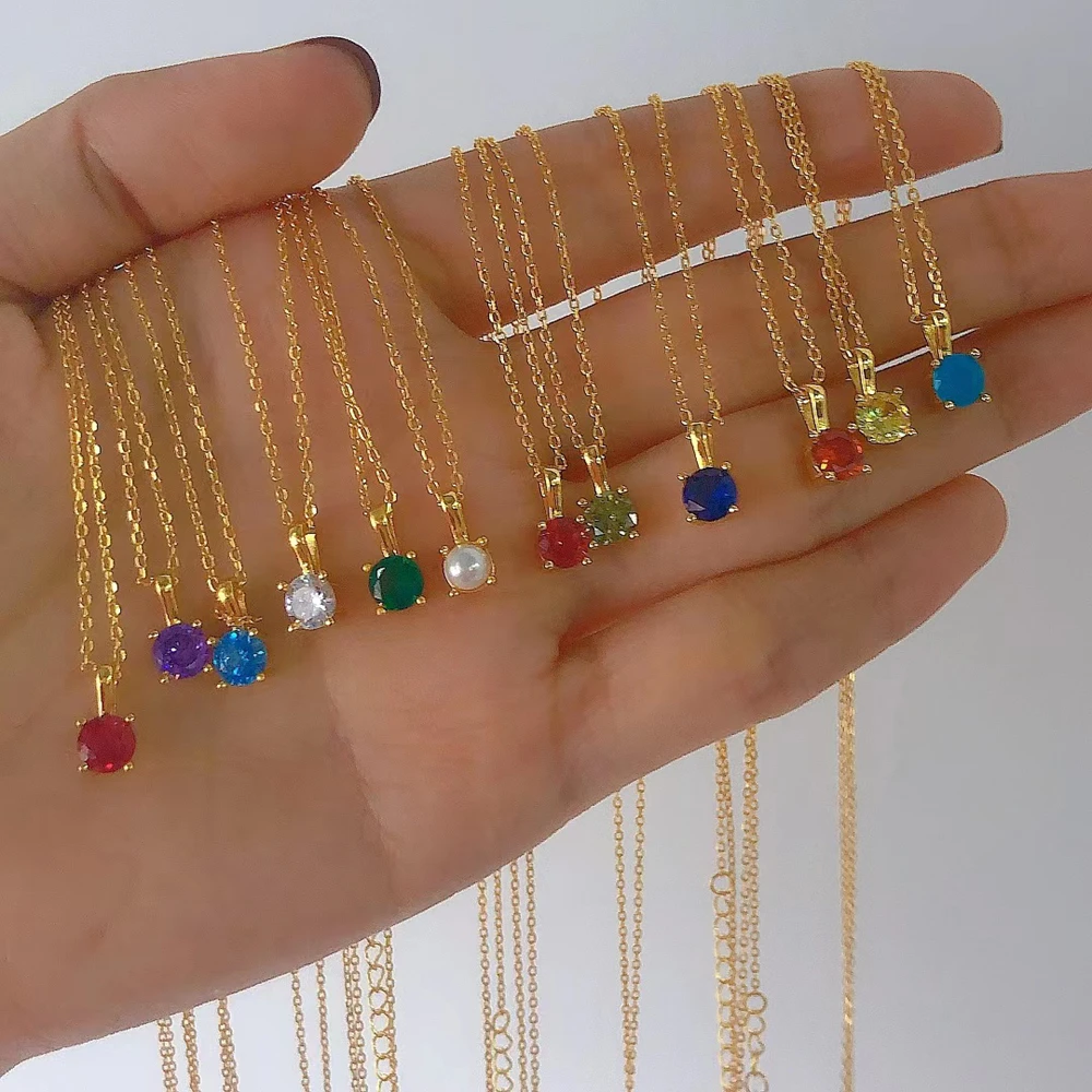 Wholesale 925 Sterling Silver 14K Gold Plated Jewelry Custom Gemstone Color Zircon Mini Circle Round Birthstone Pendant Necklace