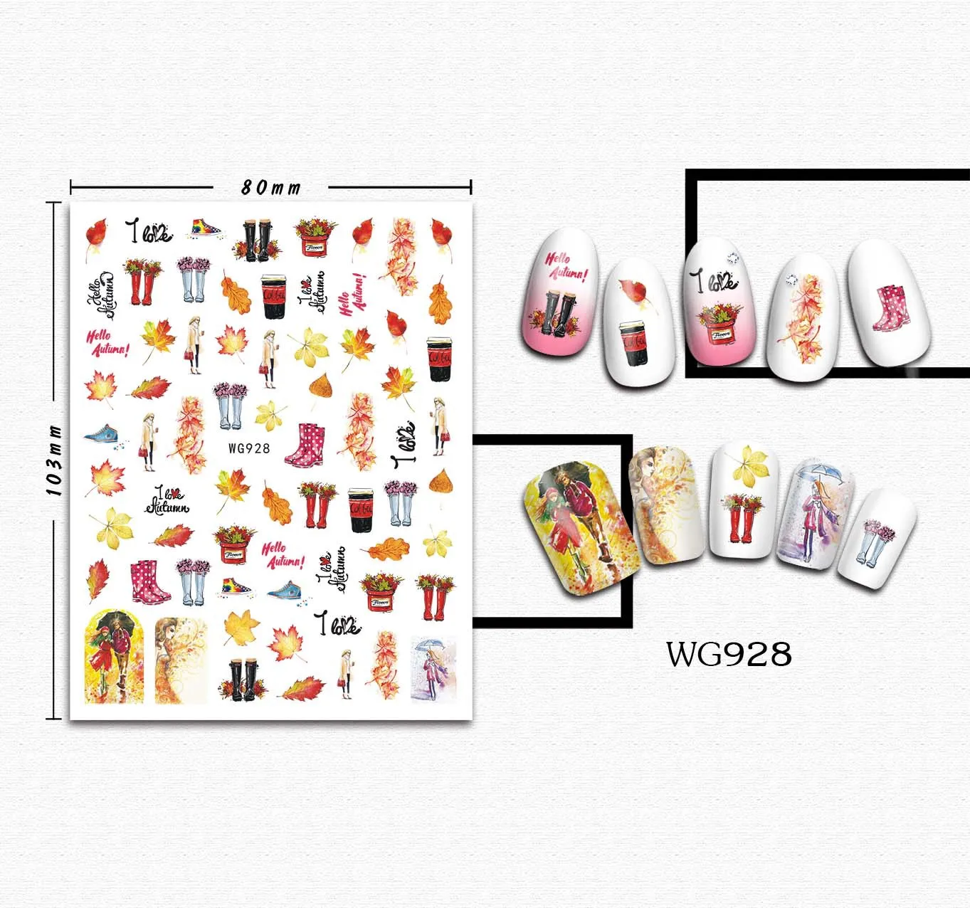 Pop finger WG 928-935 3D Cartoon Design Maple Leaves Thanksgiving Day Nail Art Stickers Nail Decals Decorations