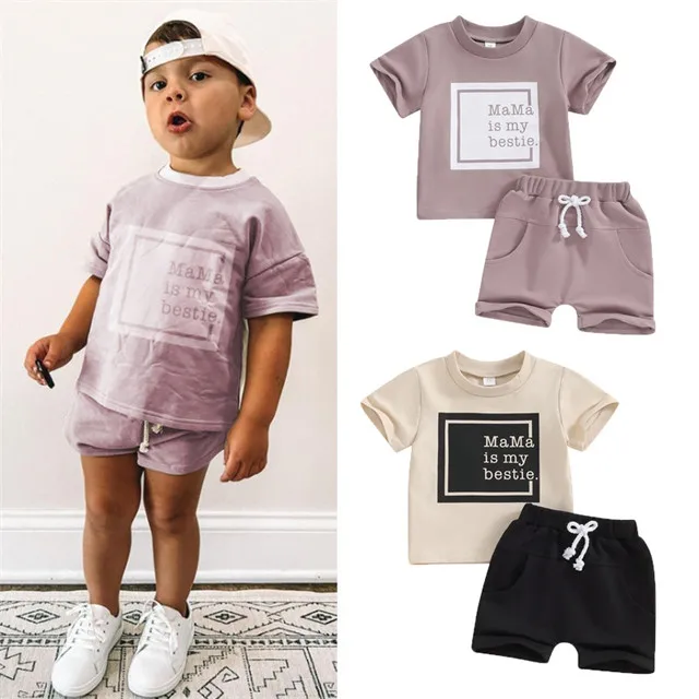 Pcs Private Label Mama Is My Bestie Letter Cotton Outfit Summer Newborn Infant Toddler Clothes Top Shorts Baby Boys Clothing Set