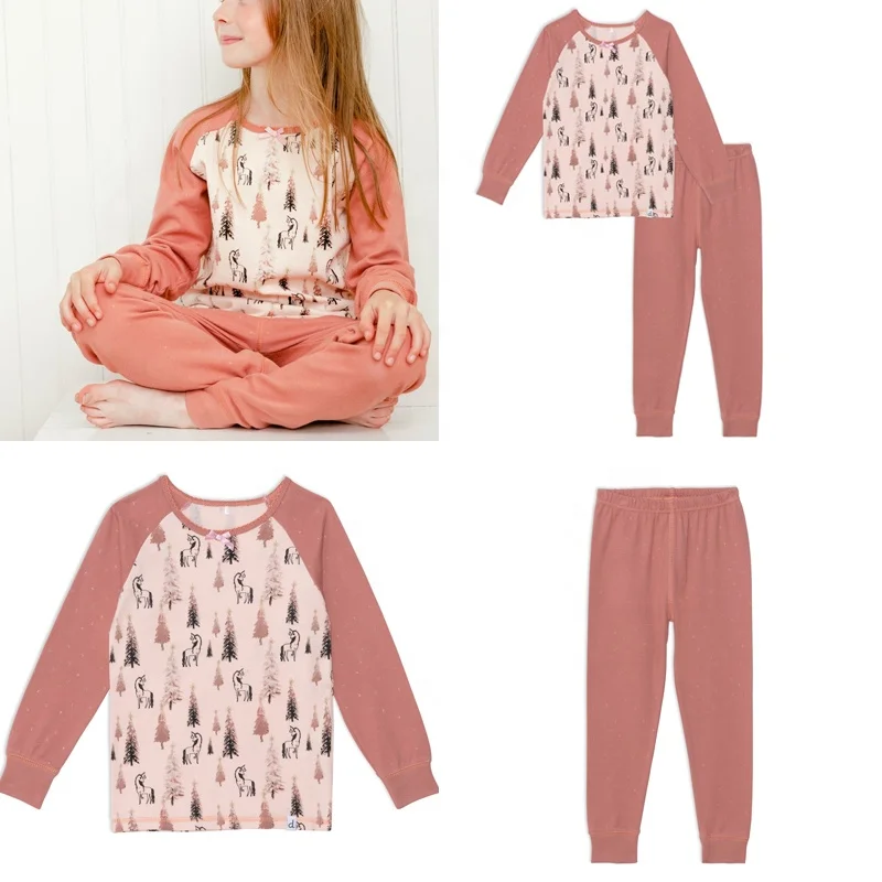 OEM Long sleeve halter girls pajama set 100% organic cotton interlock kids pajamas Custom comfortable soft suitable Kids pajama