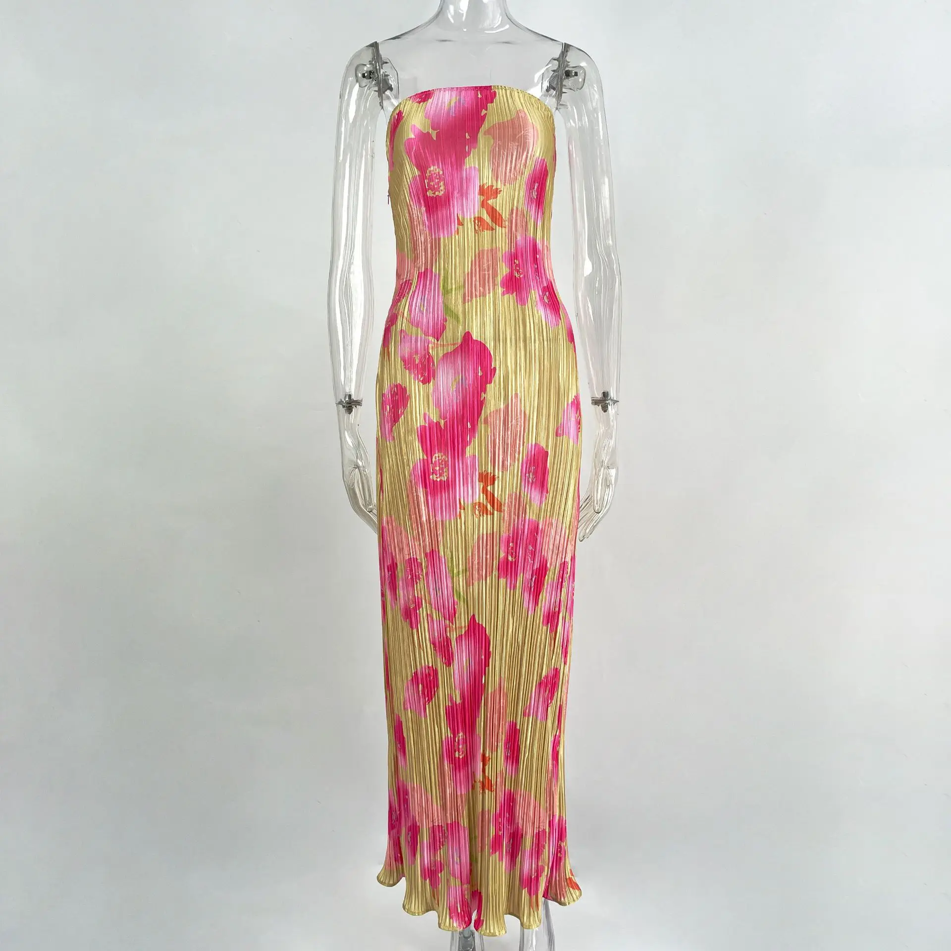 2024 European American  explosion-top print pleated slimming bow long dress