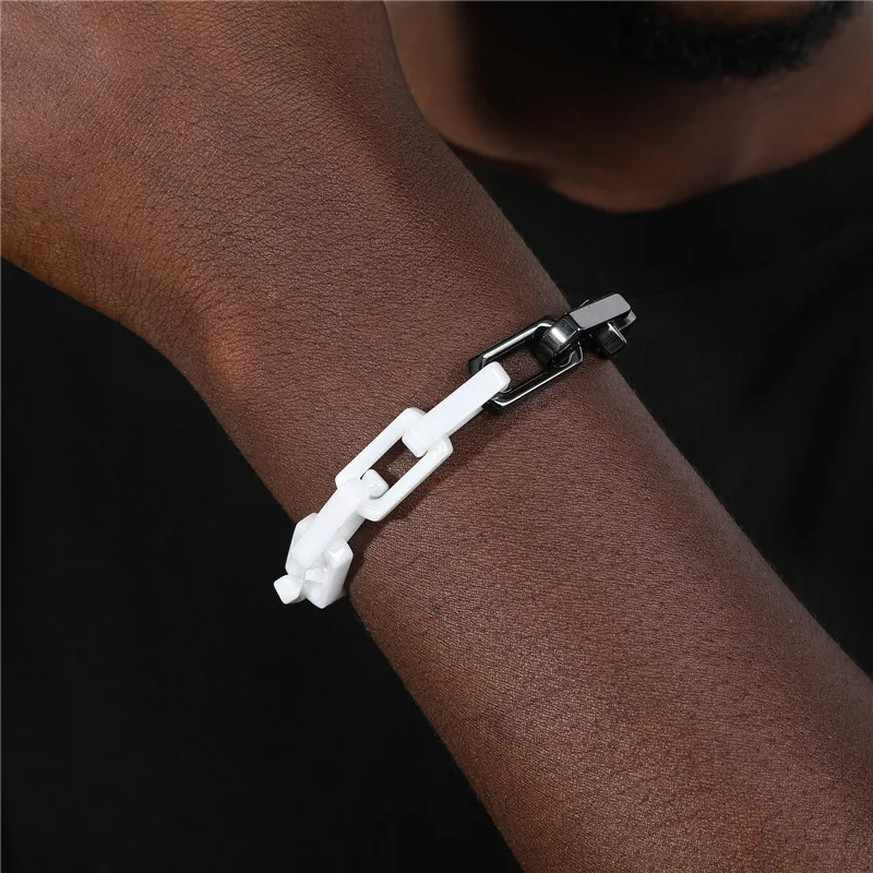 2022 New Arrival Titanium Steel Jewelry Pink Black White Ceramic Coated Chunky Rectangular  Link Chain for Men and Women Jewelry