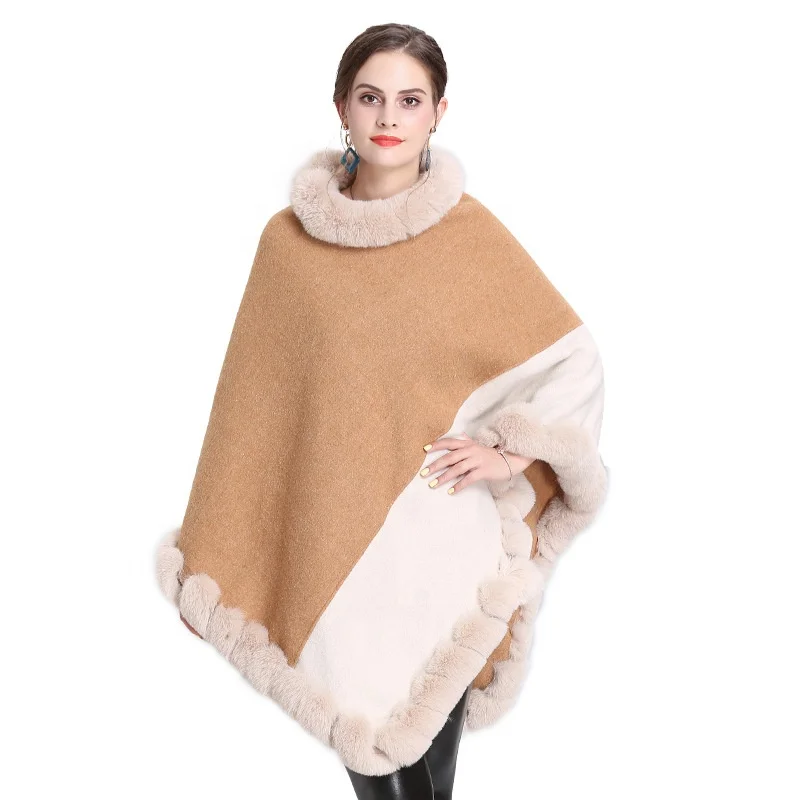 
New Yellow Beige Patchwork Pullovers Women Knitted Wool Faux Rabbit Fur Sweaters Wool Poncho Cape Shawl 