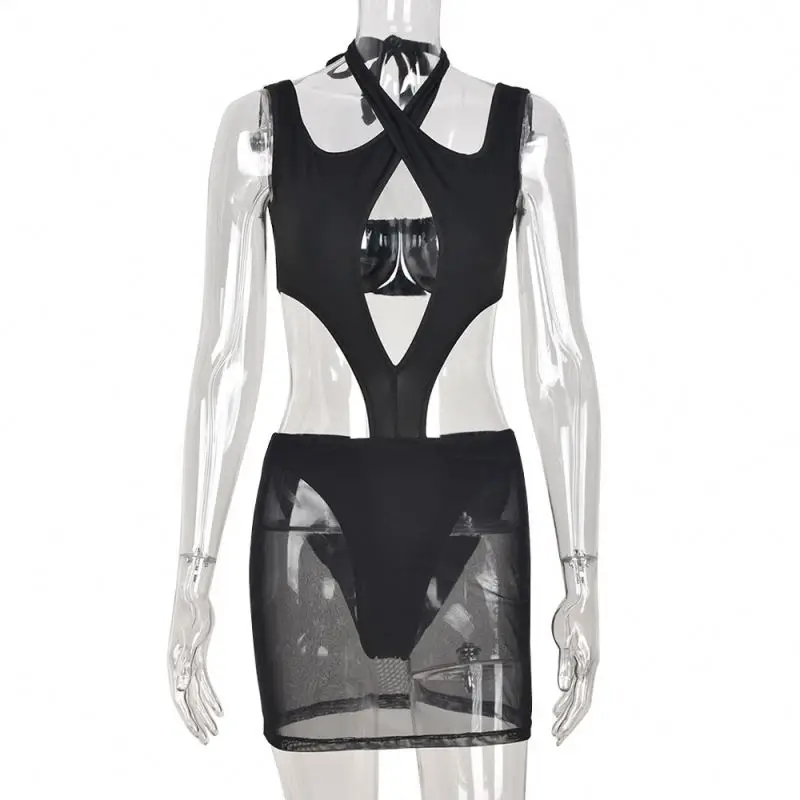 Summer 2022 Women Halter Bandage Super Sexy Hollow Out Patchwork Mesh Mini Dresses