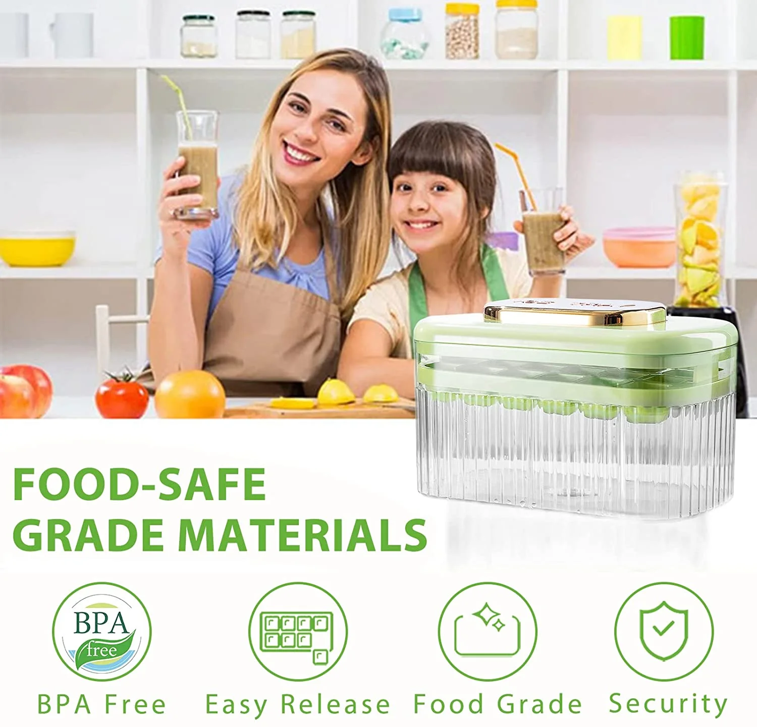 Silicone Ice Cube Tray for Freezer with Lid and Bin 24 Nugget Ice Tray Box Storage Container with Cover Scoop Stackable