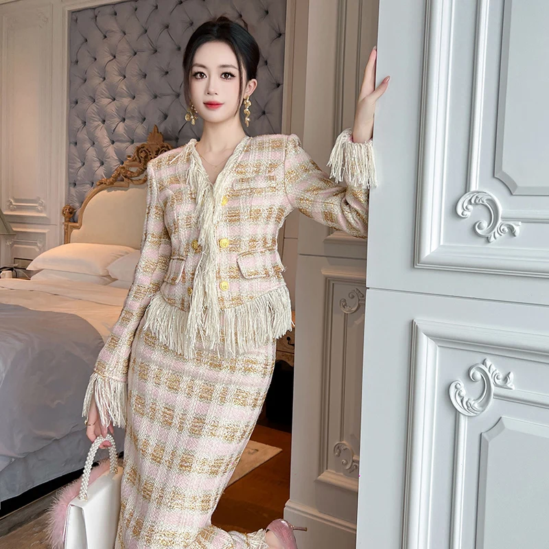 ZYHT 50679 Women Plaid Design Fringed Wool Tweed Two-piece Sets Spring Leisure Female Coat Jacket and Skirt Suit