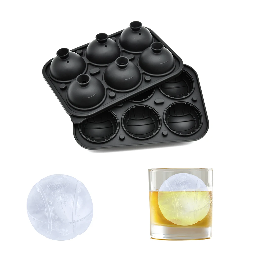 BPA Free Reusable 6 Cavity Large 3D Sports Tennis Ice Cube Tray Easy Release Silicone Round Ice Sphere Tray with Lid for Whiskey