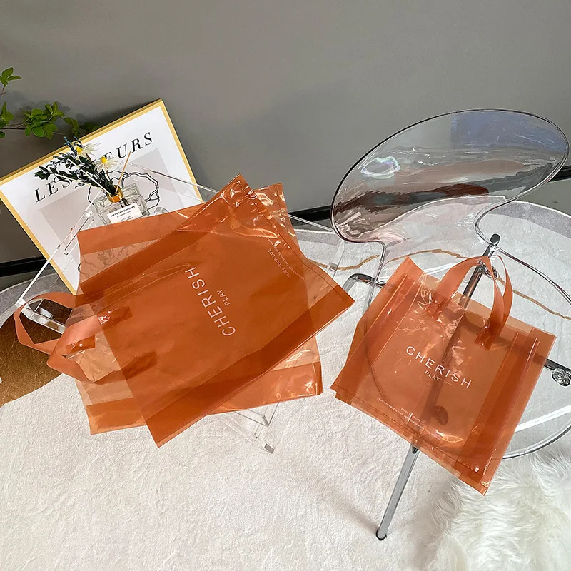 YC Translucent Transparent Tote Plastic Bag With Handle Custom Logo Print Shopping Gift Shoes Clothes Packaging Shopping Bags