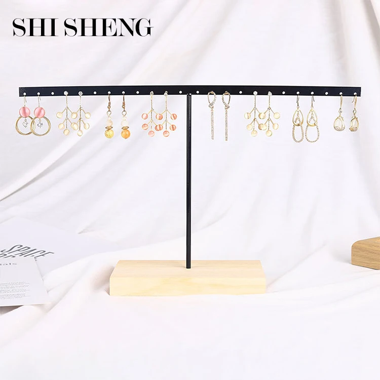 SHI SHENG Newly Black Metal T-shaped Jewelry Shelf with Wooden Bottom for Earrings Necklace Pendant Jewelry Display Stand