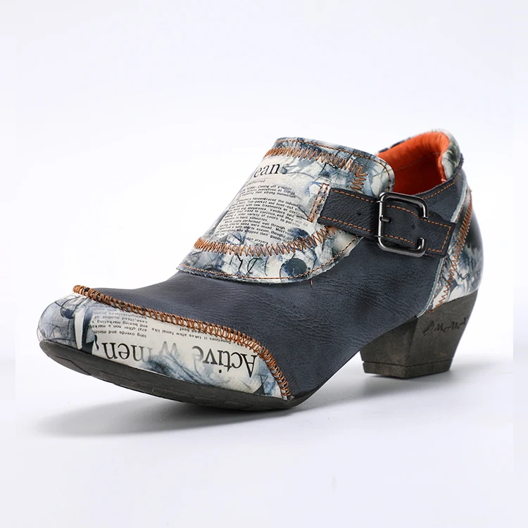Женские ковбойские ботинки с винтажным принтом, Прошитые вручную, с пряжкой на ремешке и низким каблуком, резиновые сапоги на платформе, повседневная обувь из ЭВА