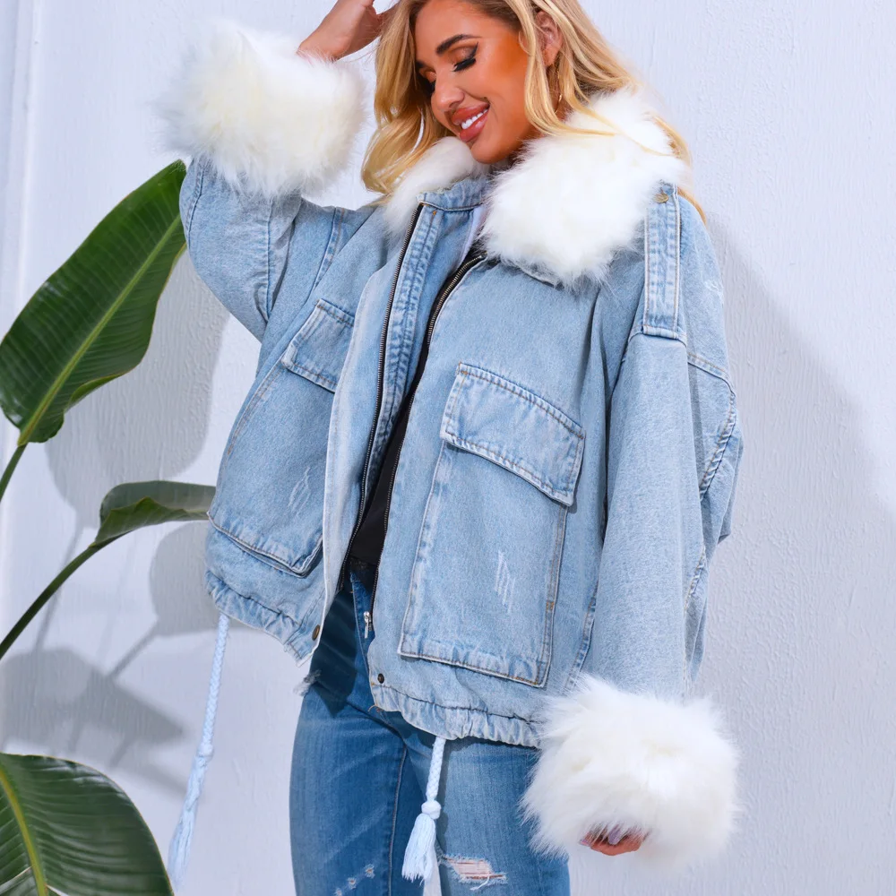 Hot Selling Jeans Fur Jacket Oversize Bat Sleeve Denim Women Parka Fur Removable Genuine Fox Fur Collar Parka