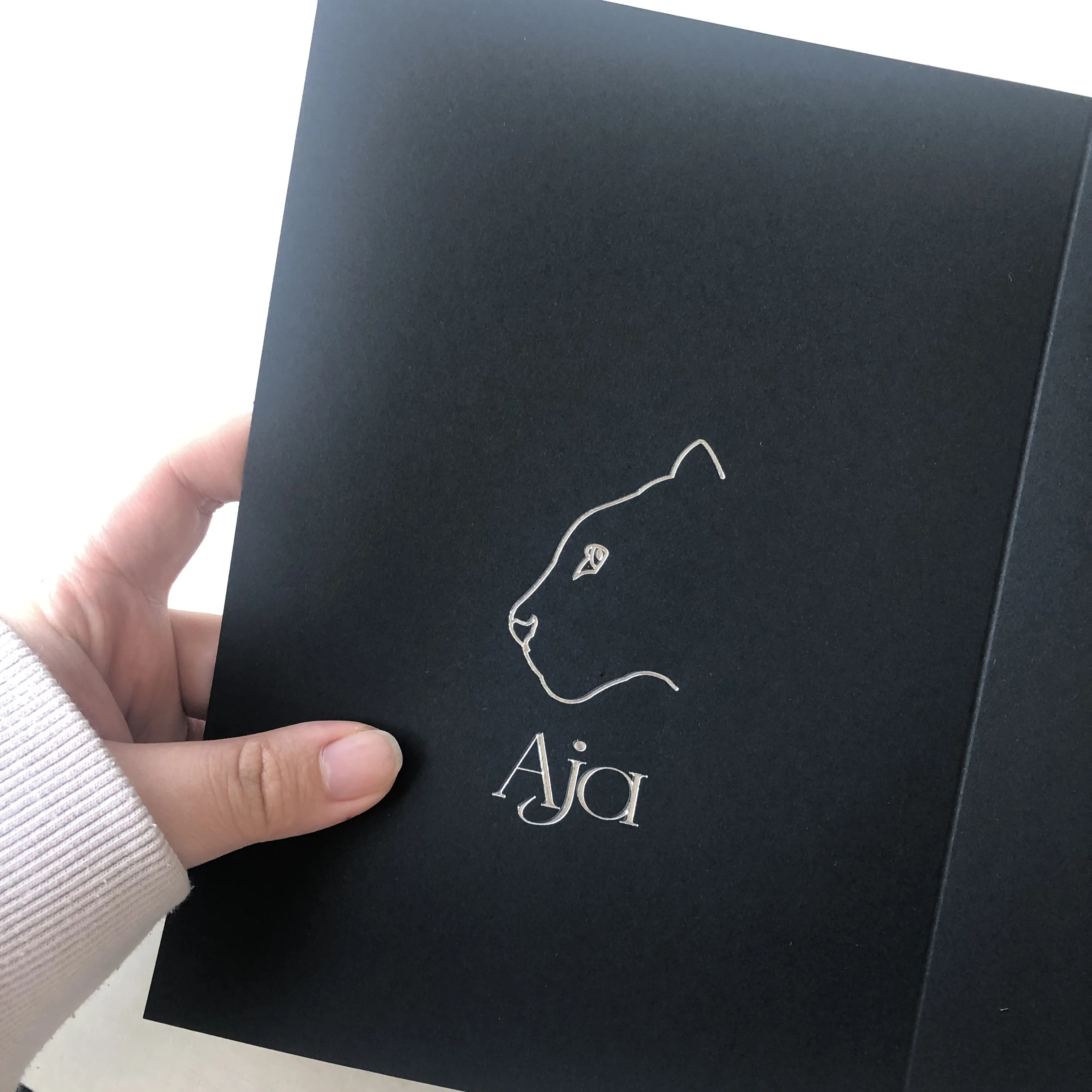 Custom luxury black kraft paper embossed silver foil stamping folded card