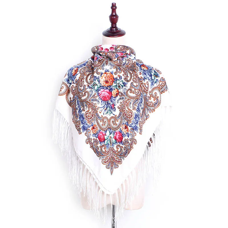 Top Selling Polyester Lurex Ladies Pashmina Russia Flower Printing Cotton Shawl Tassel Scarfs for Winter