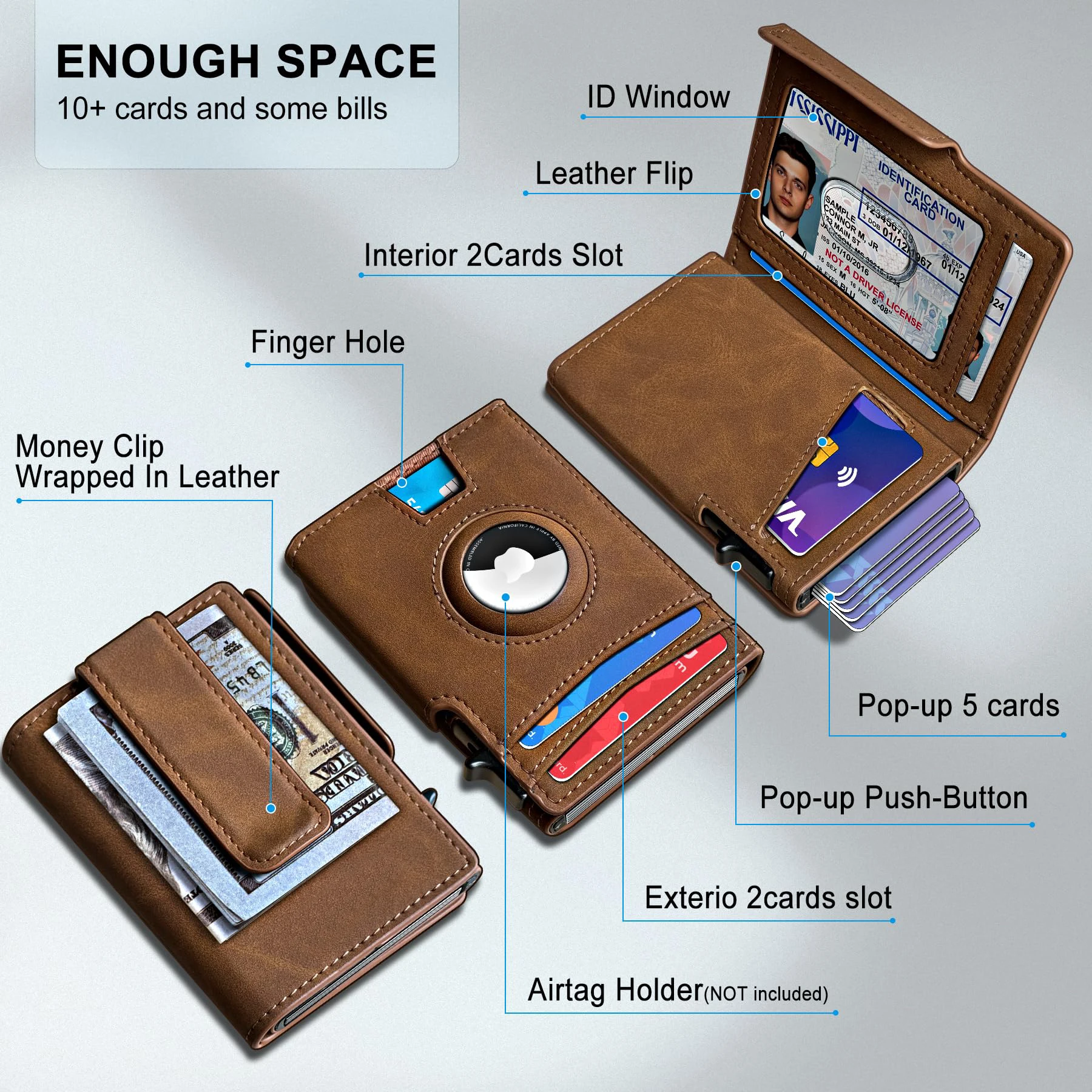 RFID Blocking Pop Up Metal Aluminum Card Box Wallet With Air Tag Slot Magnetic Front Pocket Genuine Leather Cardholders Wallet