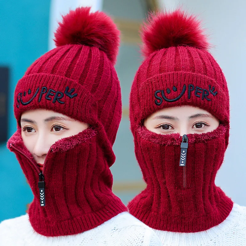 2021 New Design Cap With Face Covering Knitted Zipper Custom Logo Solid Color Beanie Hats For Unisex H0706