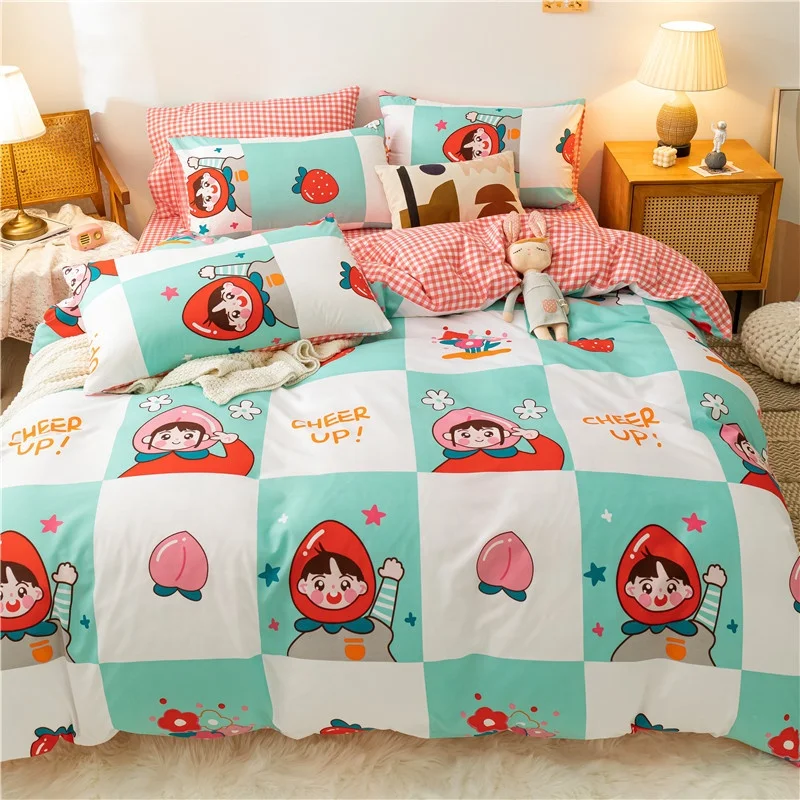 Factory Sale Geometric Grid Pattern Printing Bedding Bed Sheet 100% Cotton 4 Piece Sets Custom Hotel Bedsheet Set Duvet Cover