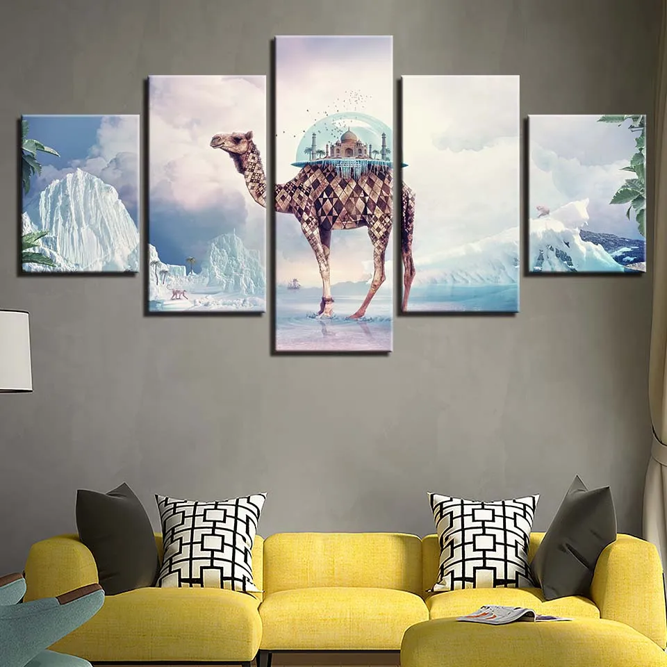 Modern Fashion Home Decoration Animal Oil Painting 5 panel Canvas Art Deer Giraffe Wall Poster For Living Room