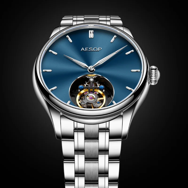 2024 AESOP New Design Anchor Flying Tourbillon Light Blue Watch Full Stainless Steel Mechanical Watch