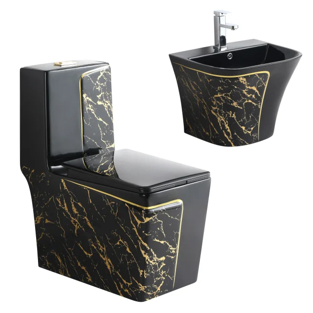 Luxury Style Gold Line Pattern Floor Mounted Water Closet Wall Hung Wash Basin Bathroom Sink Square One Piece Toilet Commode Set