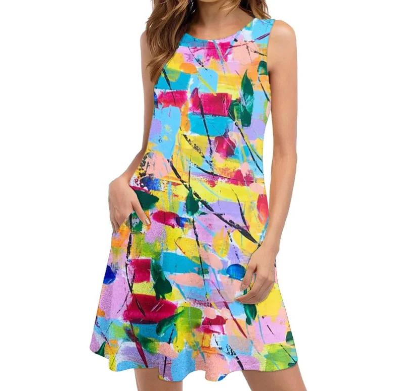 Women Casual Sundress Print Sleeveless Beach Dresses Boho Summer Flower Beach Dress With Pockets