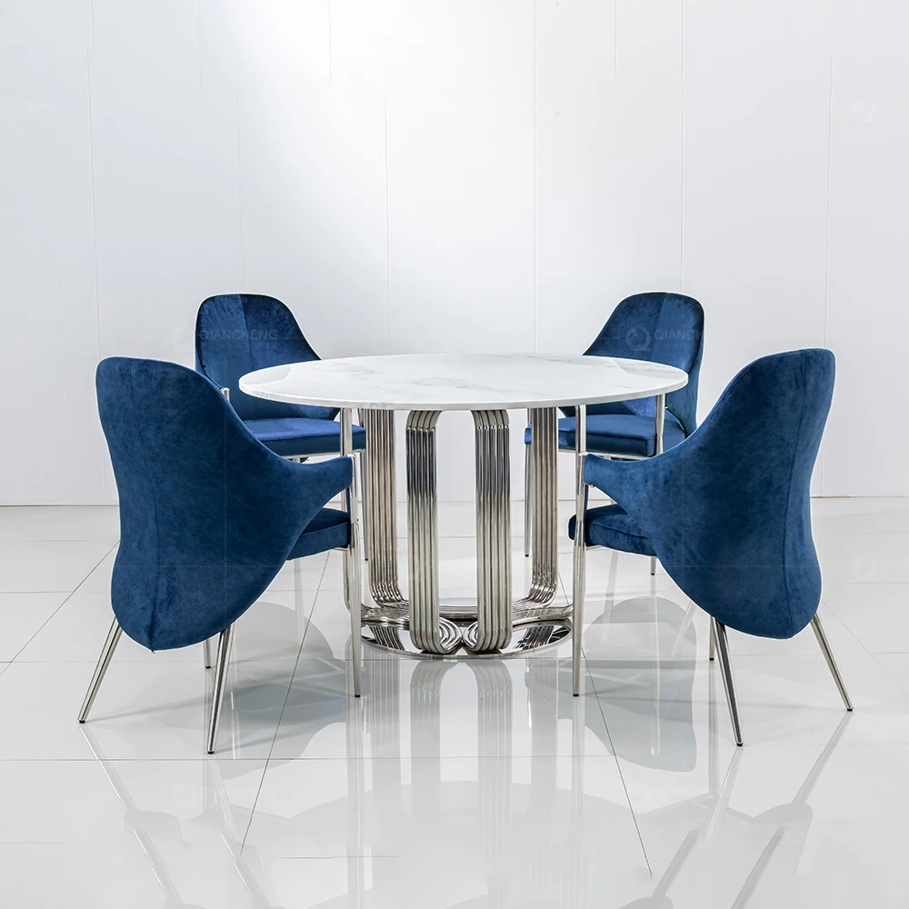 Italian style round stone or marble dining table with chrome stainless steel base marbke round dining table