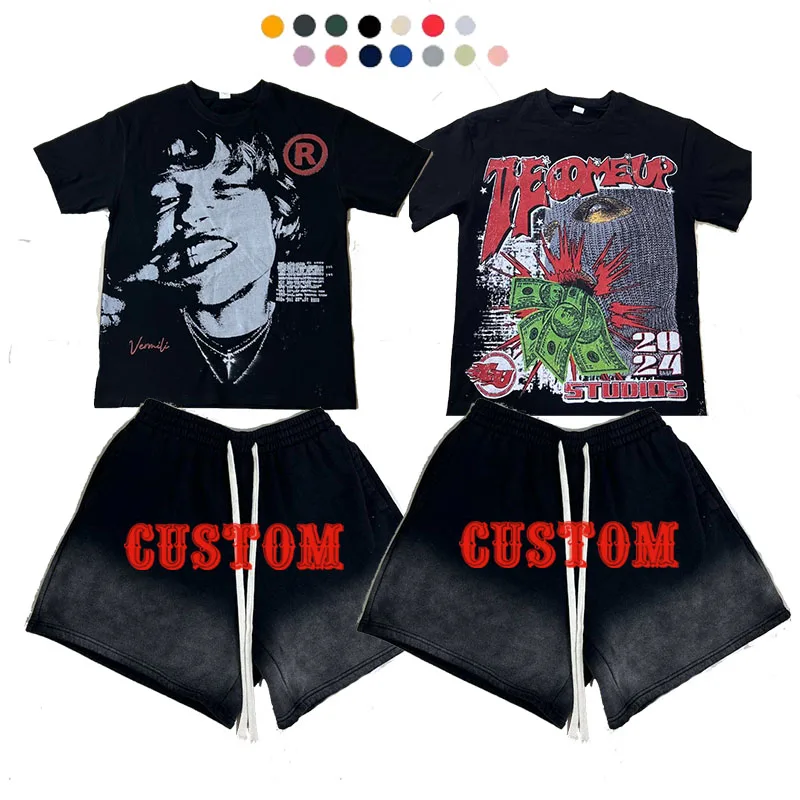Custom Streetwear T Shirts Dtg Print Cotton Sports Shorts Acid Washed T-Shirts 2 Pieces Set For Men