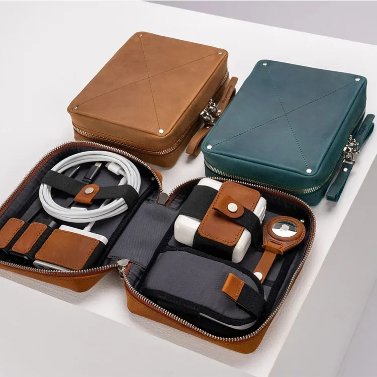 Anniversary Christmas Gift Cable Organizer Bag Travel Electronics Accessories Bag Leather Tech Organizer Digital Storage Case