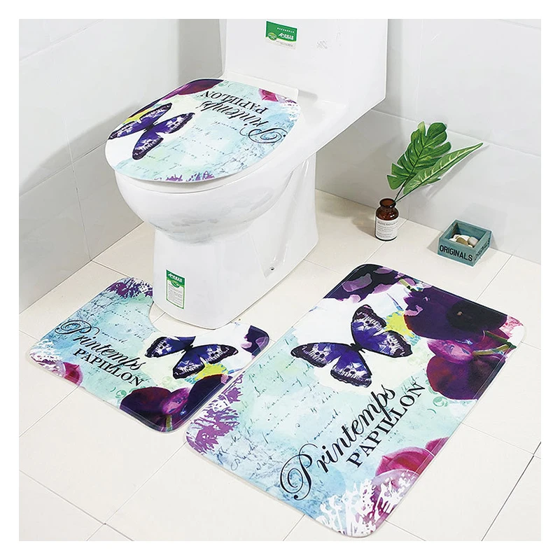 New ink butterfly and dragonfly printing toilet floor mat three-piece bathroom non-slip carpet set