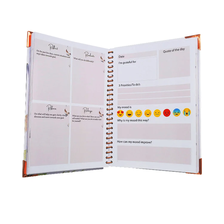 Free sample Catalogue Custom printing rose gold foil spiral Organizer Hardcover journal diary Notebook wedding