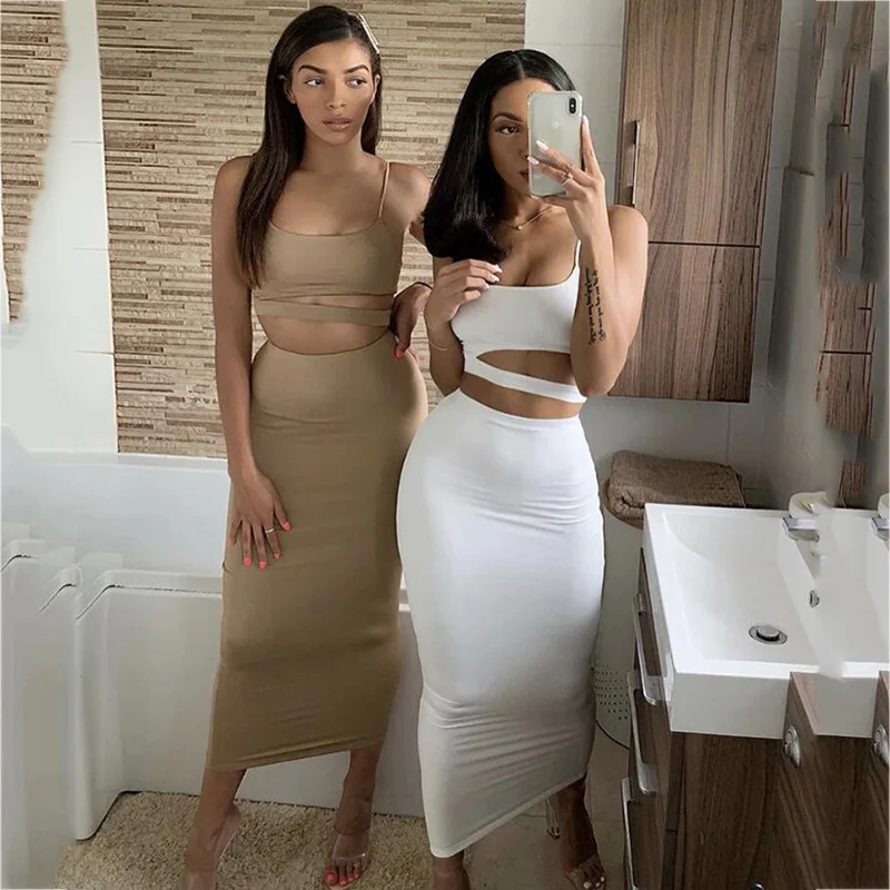
Wholesale High Quality Fashion Sexy Sling Tops High Waist Two Piece Dress Set Party Bodycon Bandage Dress For Women 
