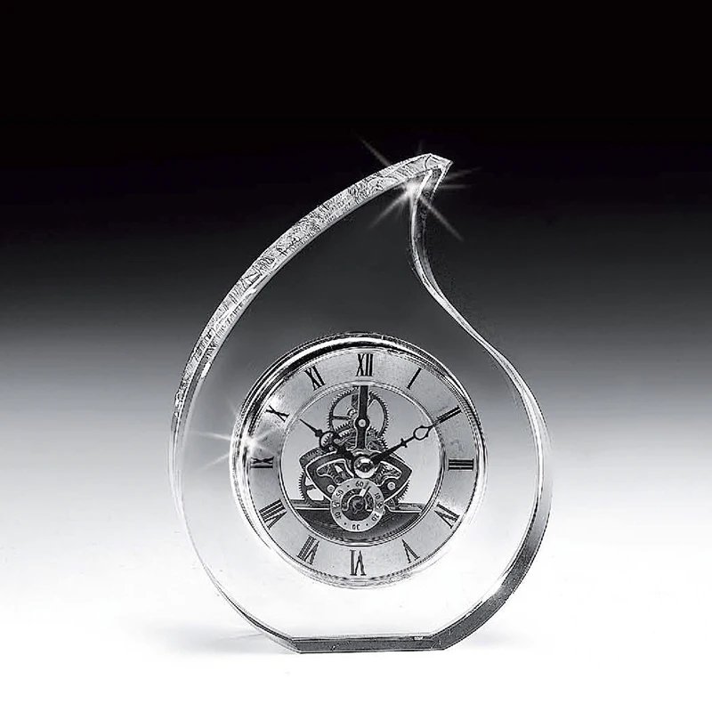 Noble Manufacturer Crystal Glass Fire Clock Business Gift Customized Bespoke Logo Office Decoration Trophy Award Hand Craft