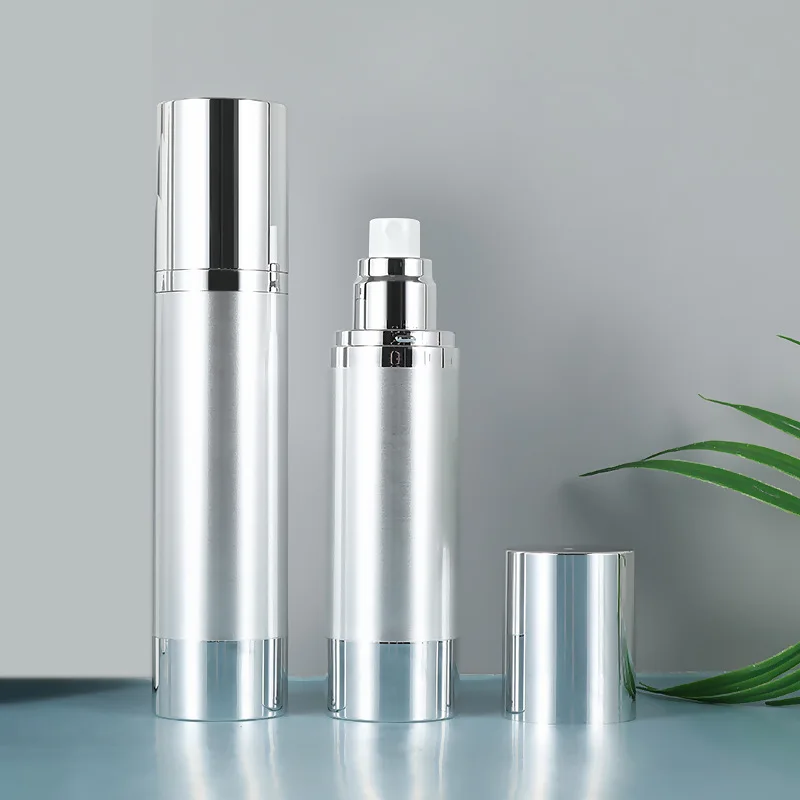 15ml press vacuum bottle Silver cosmetic dispenser bottle plastic packaging material can be customized