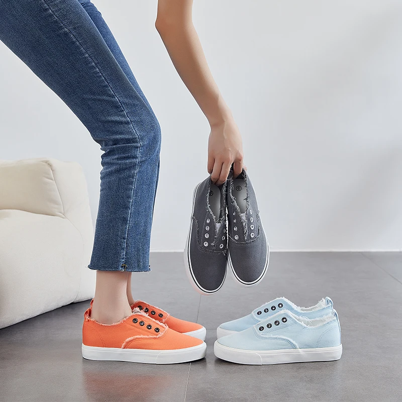 OEM Unisex Burr Walking Style Rubber Canvas Shoes No Shoelace Elastic Belt Custom Upper Canvas Flat Shoes