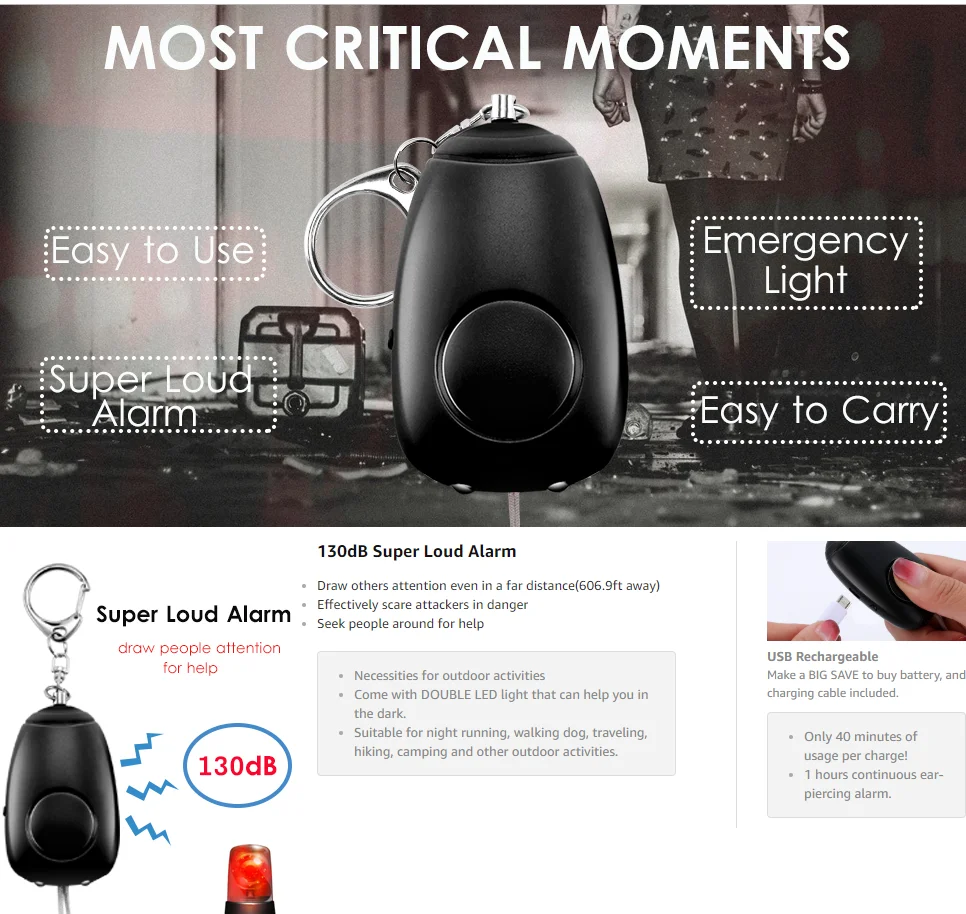 2023 Best Selling 130db 140db Safety Safesound Keychain Security Alarms with Keychain for Elder/Lady/Kids