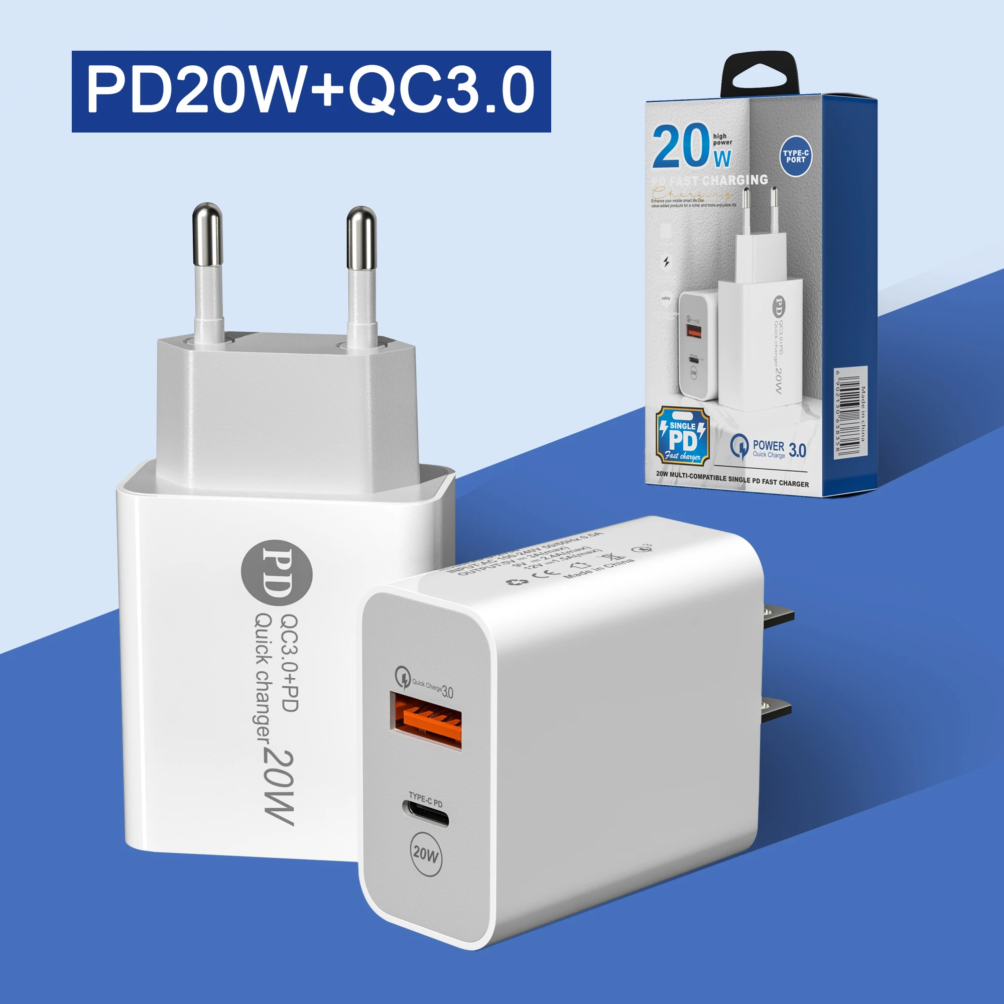 Hot Selling Dual Interface USB A+C type C pd Qc 3.0 18/20W Phone Wall Usb Charger for iphone Samsung Huawei