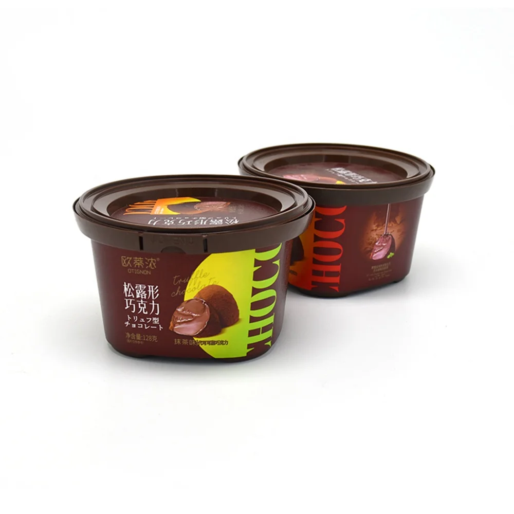 Luckytime High quality in mold label cup anti-theft lids and spoon for chocolate yogurt buttery packaging