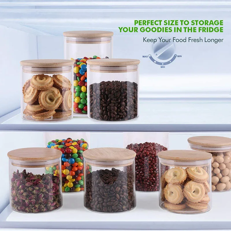 Glass Food Storage Containers Set Airtight Food Jars with Bamboo Wooden Lids Kitchen Canisters For Sugar Candy Cookie Spice