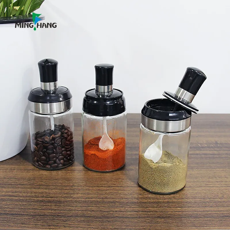 Оптовая продажа, банка для специй, стеклянная банка для хранения перца с ложкой
