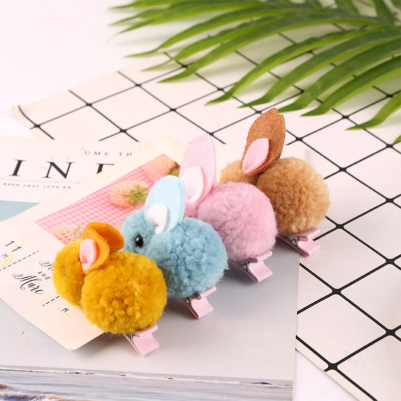 Popular Cute Pompom Plush Cartoon Bunny Girls Hairclip Lovely Stuffed Animal Rabbit Hairpin Hair Clips