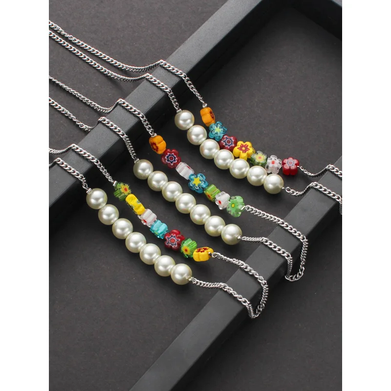 
MuXi Fashion niche design sense layered necklace colorful glass pearl necklace jewelry 
