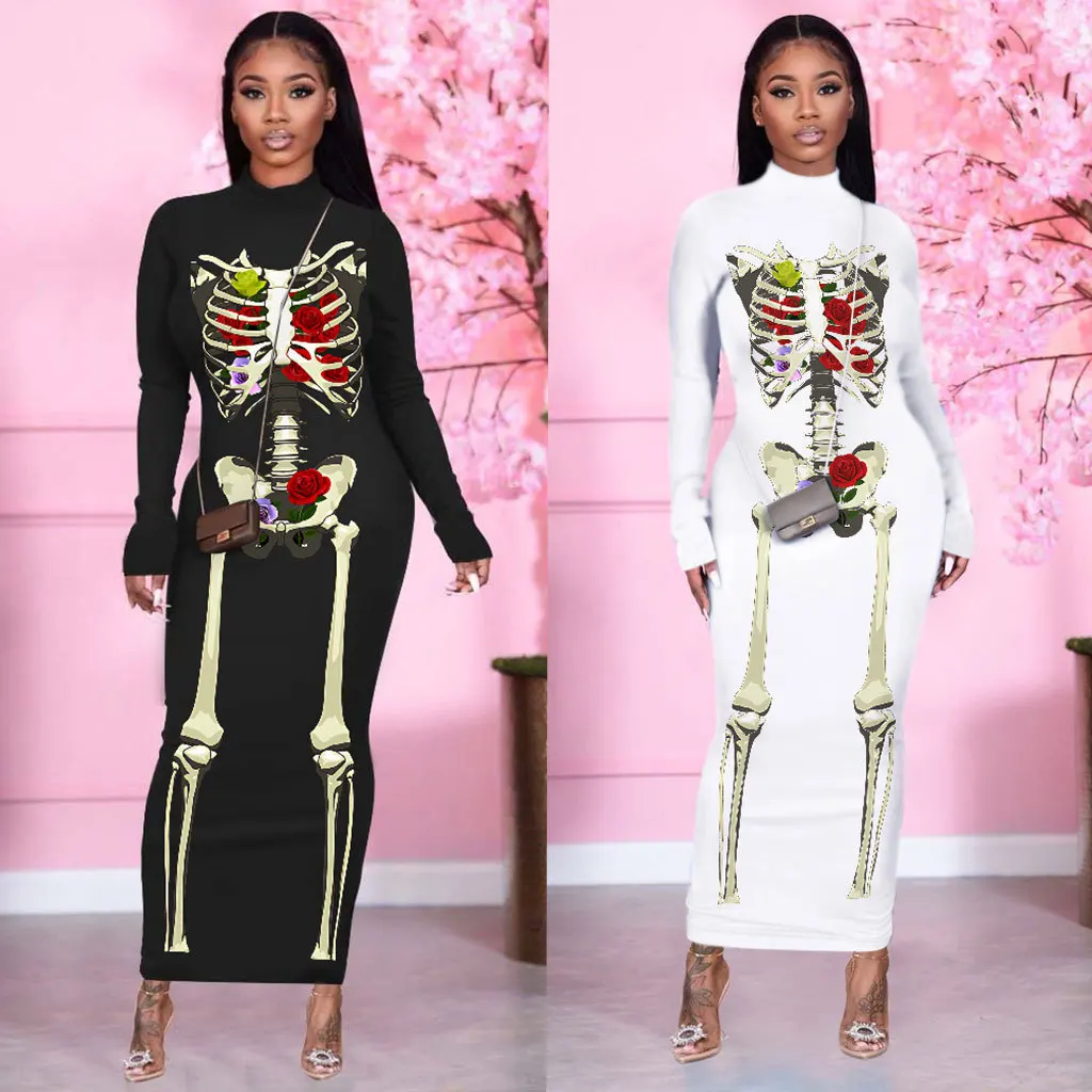 Halloween Ghost Zombie Vampire Cosplay Black Skull Rose Dress Long Sleeve Sexy Backless Costume Dress For Adult Carnival Party